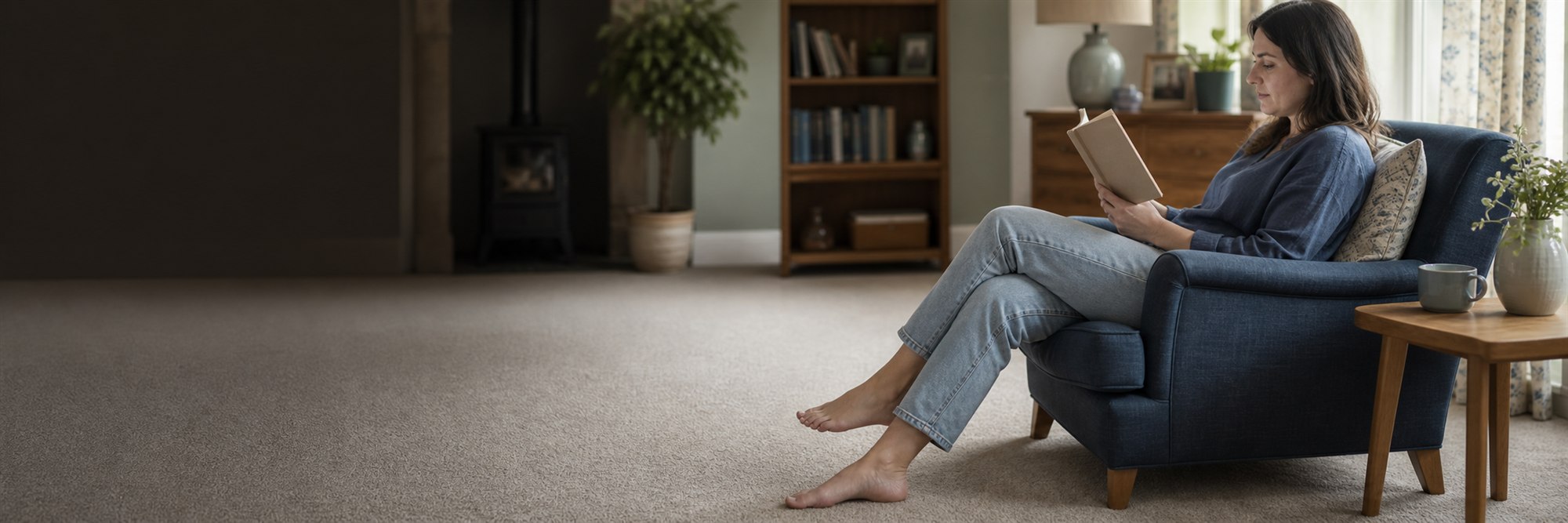 A woman relaxing with a book in a comfortably carpeted living room