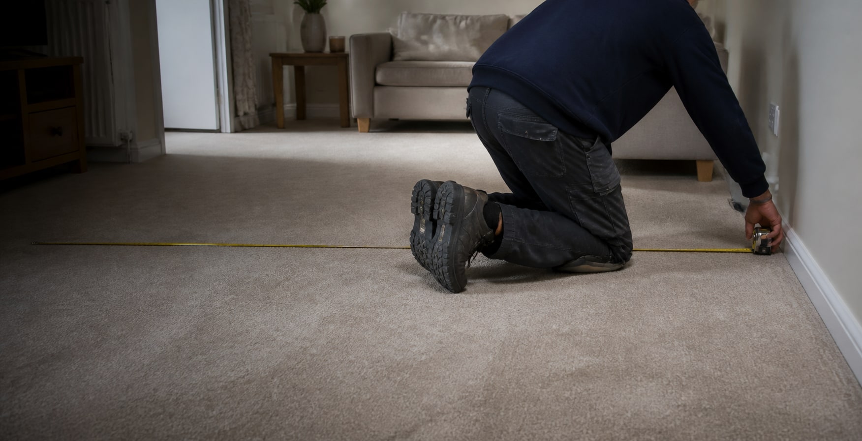 A carpet fitter measuring a living room for new fitted carpet