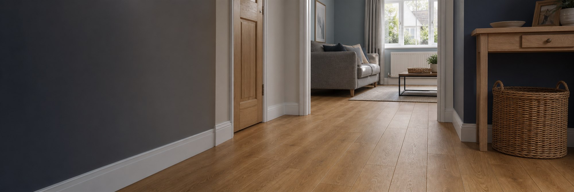 Natural oak-effect laminate flooring through a hallway and living room