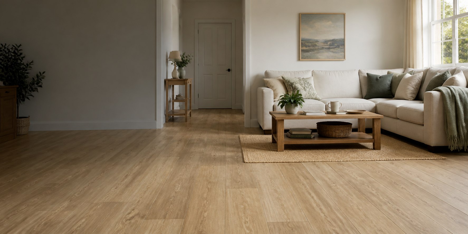 Pale oak-effect LVT in a welcoming living room